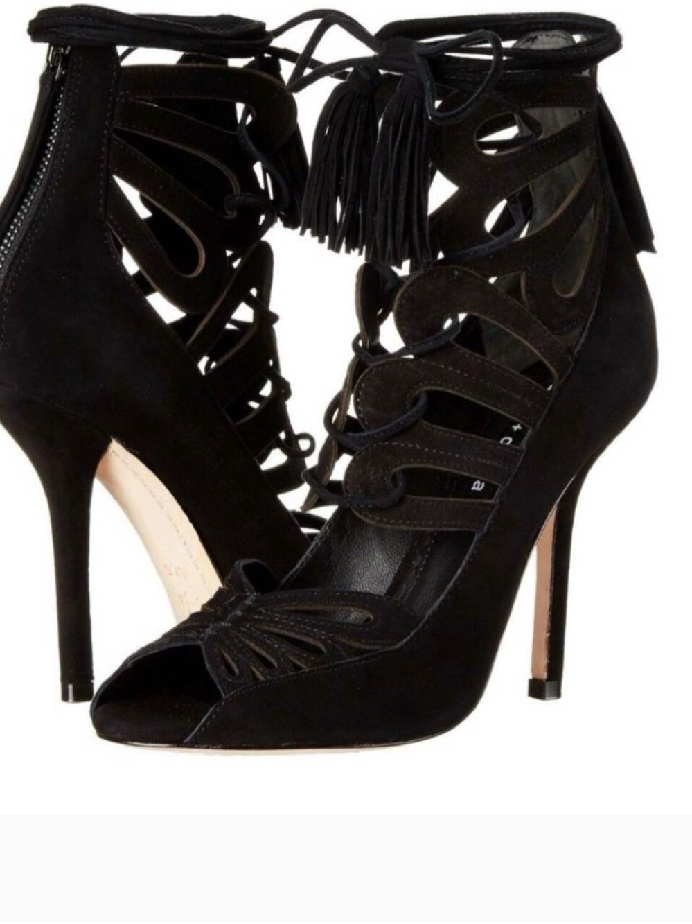 Black Suede Lace-Up Tassel High Heel Sandals - Women